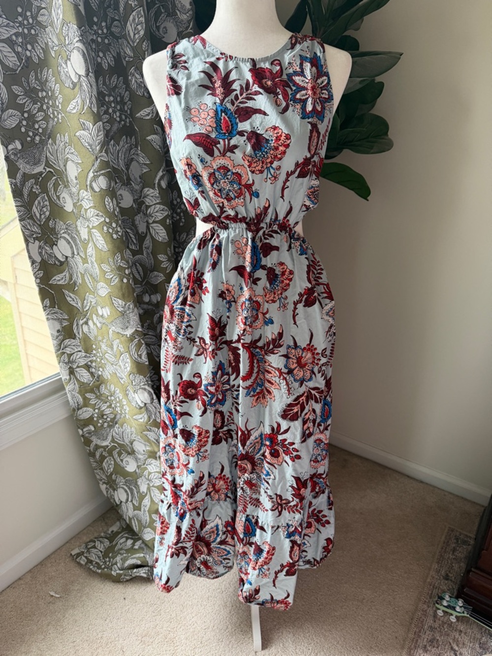 RHODE Light Blue Maxi Dress with Burgundy and Blue Floral Motif